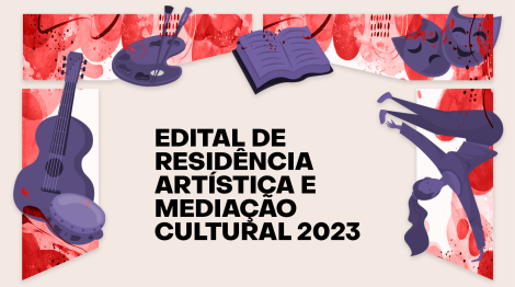 
                      
                      Escrito em preto Edital de Residência Artística e Mediação Cultural com desenhos ligados a arte