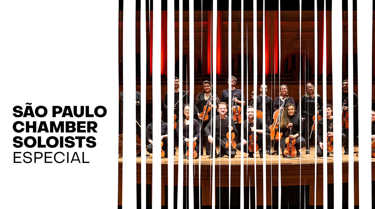 Tiras em branco cruzando a arte de homens e mulheres segurando violinos, violoncelos e violas. Todos estão vestindo preto. Na direita está escrito "São Paulo Chamber Soloists Especial".