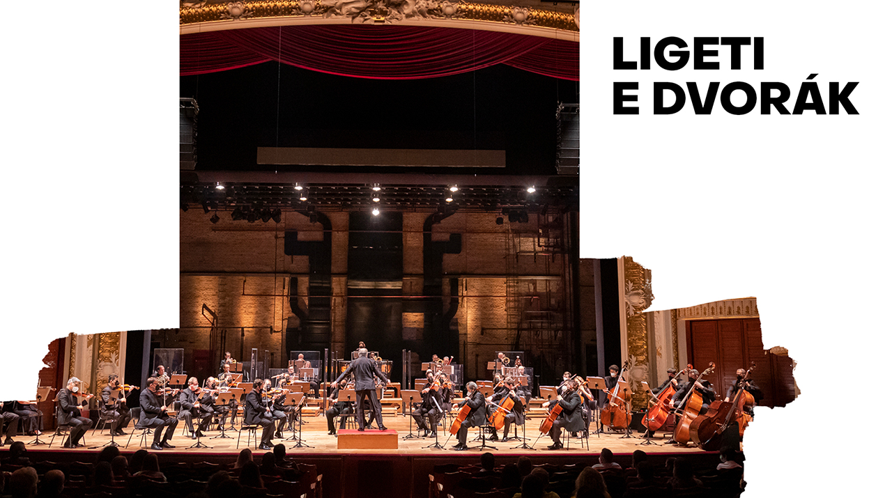 Nas laterais existem com traços similares a pinceladas em branco. No centro temos a orquestra Sinfônica Municipal se apresentando no palco da Sala de Espetáculos do Theatro Municipal. No canto superior direito está escrito "Ligeti e Dvorák"