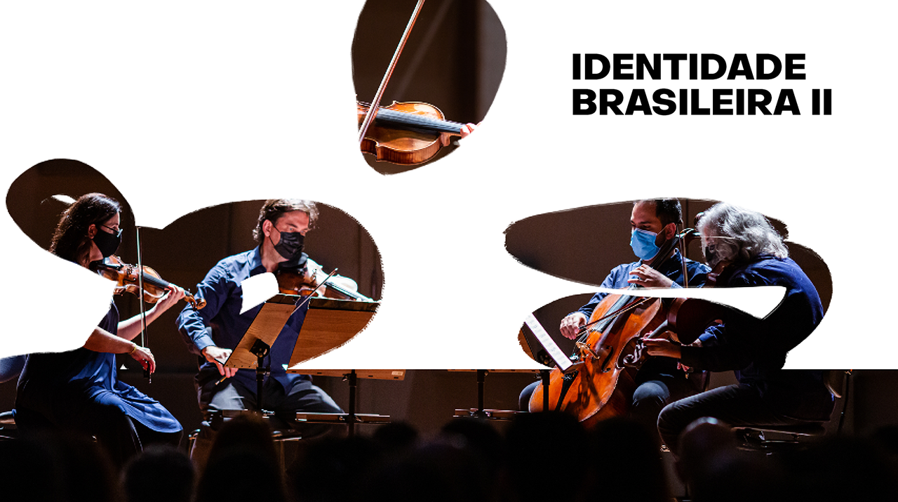 Fundo branco com foto estilizada que aparecem os integrantes do Quarteto de Cordas tocando cada qual seu respectivo instrumento, usando máscaras e trajando roupas em tons de azuis e preto