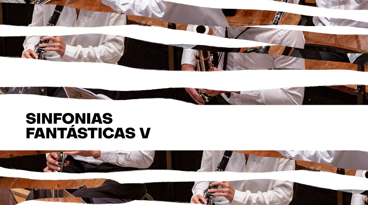 Foto estilizada e picotada com imagem de musicistas que tocam instrumentos de sopro e usam camisa branca e calça preta. Informação na cor preto que diz Orquestra Experimental de Repertório e Sinfônias Fantásticas V