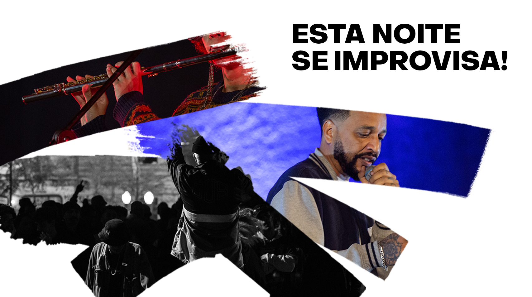 Escrito em letras pretas Esta Noite Se Improvisa com foto do apresentador MAX BO e recortes de cenas de edições passadas do evento