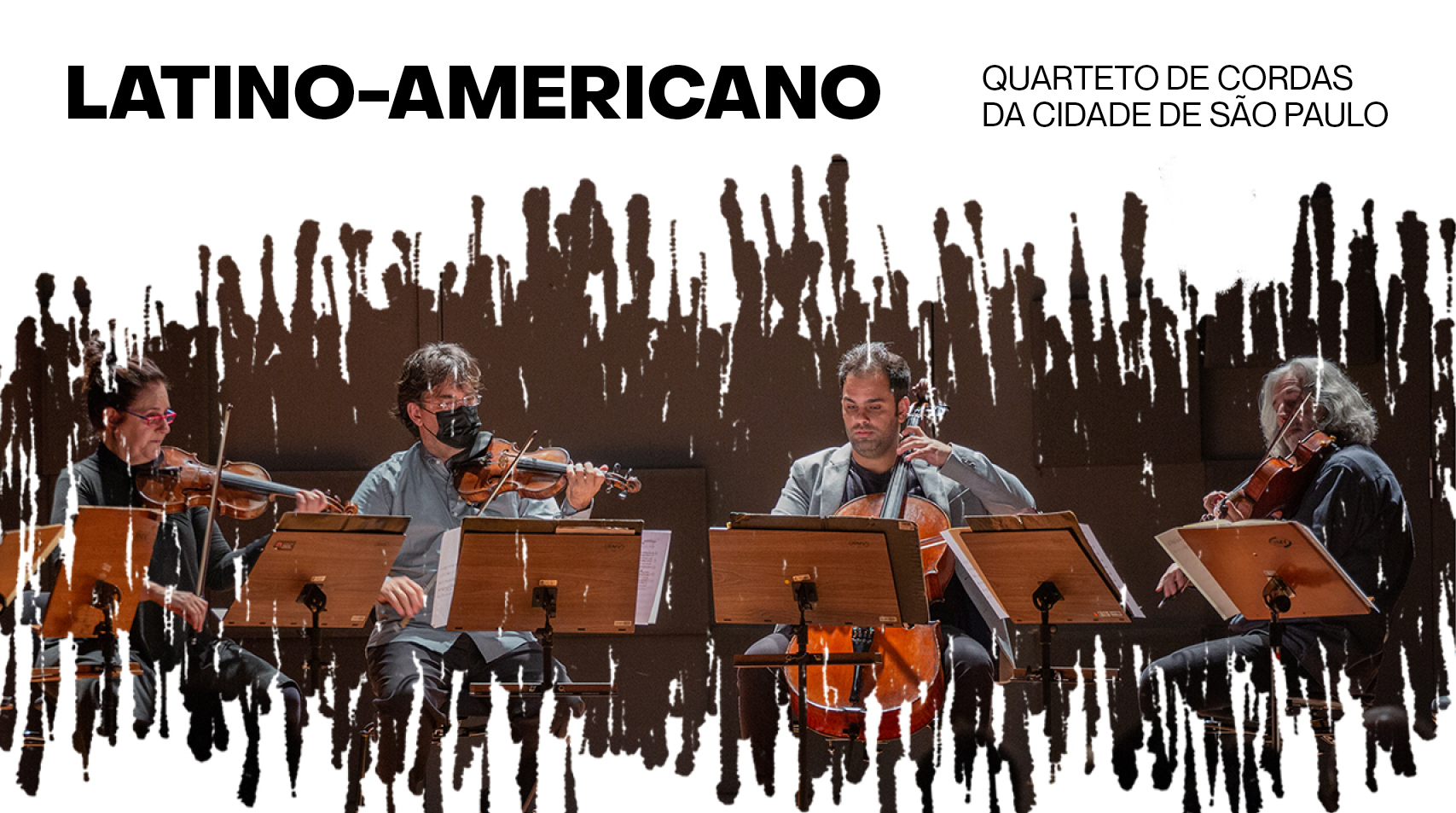 Foto dos músicos tocando com escrita que diz Quarteto de Cordas Latino-Americano