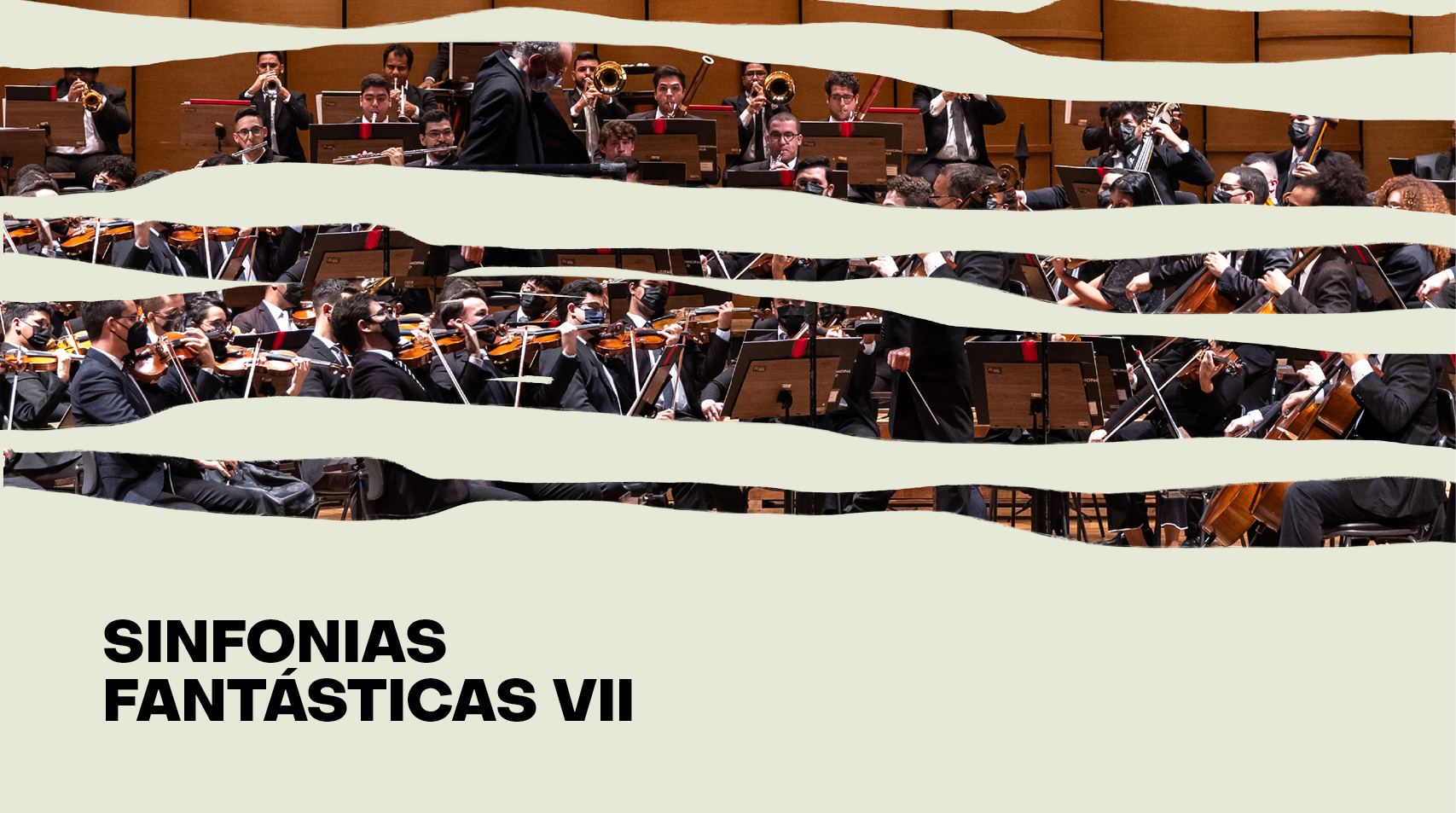 Escrito em preto Sinfonias Fantásticas 7 com foto do maestro regendo uma orquestra completa