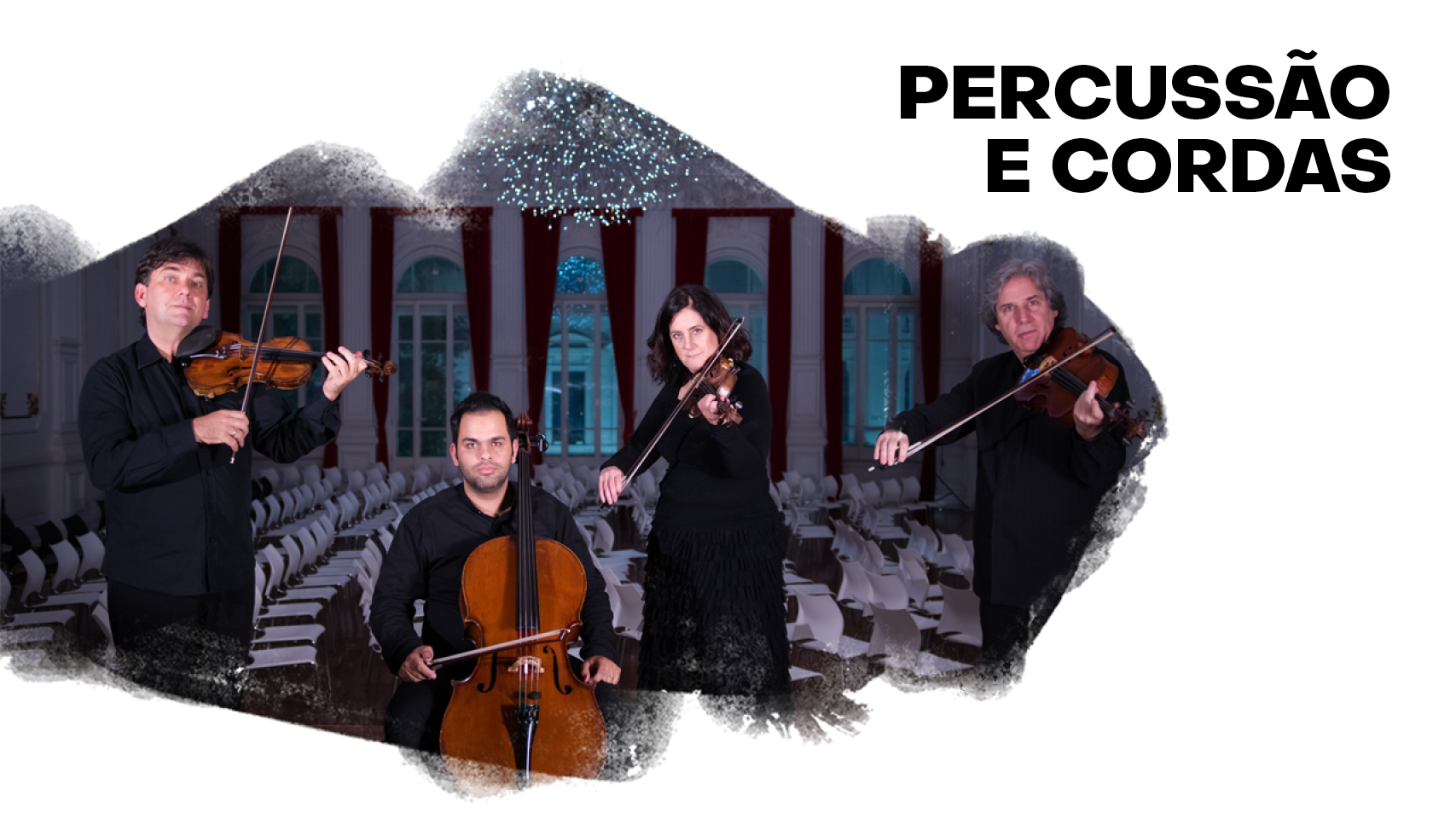 Foto dos 4 integrantes do Quarteto com escrita em preto Percussão e Cordas