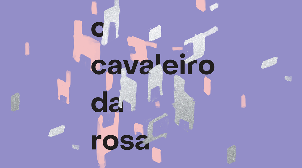 Escrito em preto O Cavaleiro da Rosa com desenho de cadeiras que flutuam no ar num fundo lilás