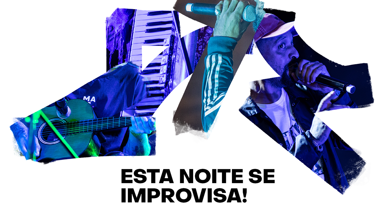 Escrito em preto Esta Noite Se Improvisa intercalado de fotos recortadas de pessoas se apresentando