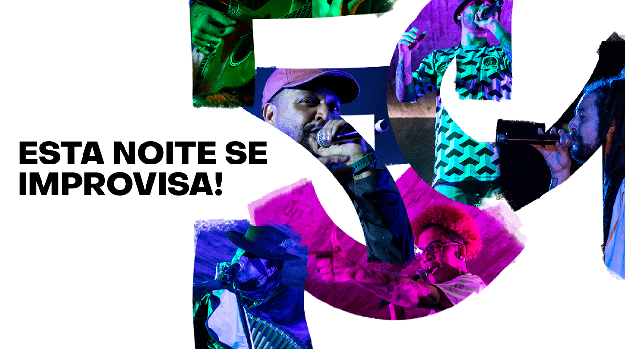Colagem estilizada de fotos em tons de verde, roxo e rosa que mostram vários pedaços de cenas de apresentações de improvisação com texto em preto que diz Esta Noite Se Improvisa