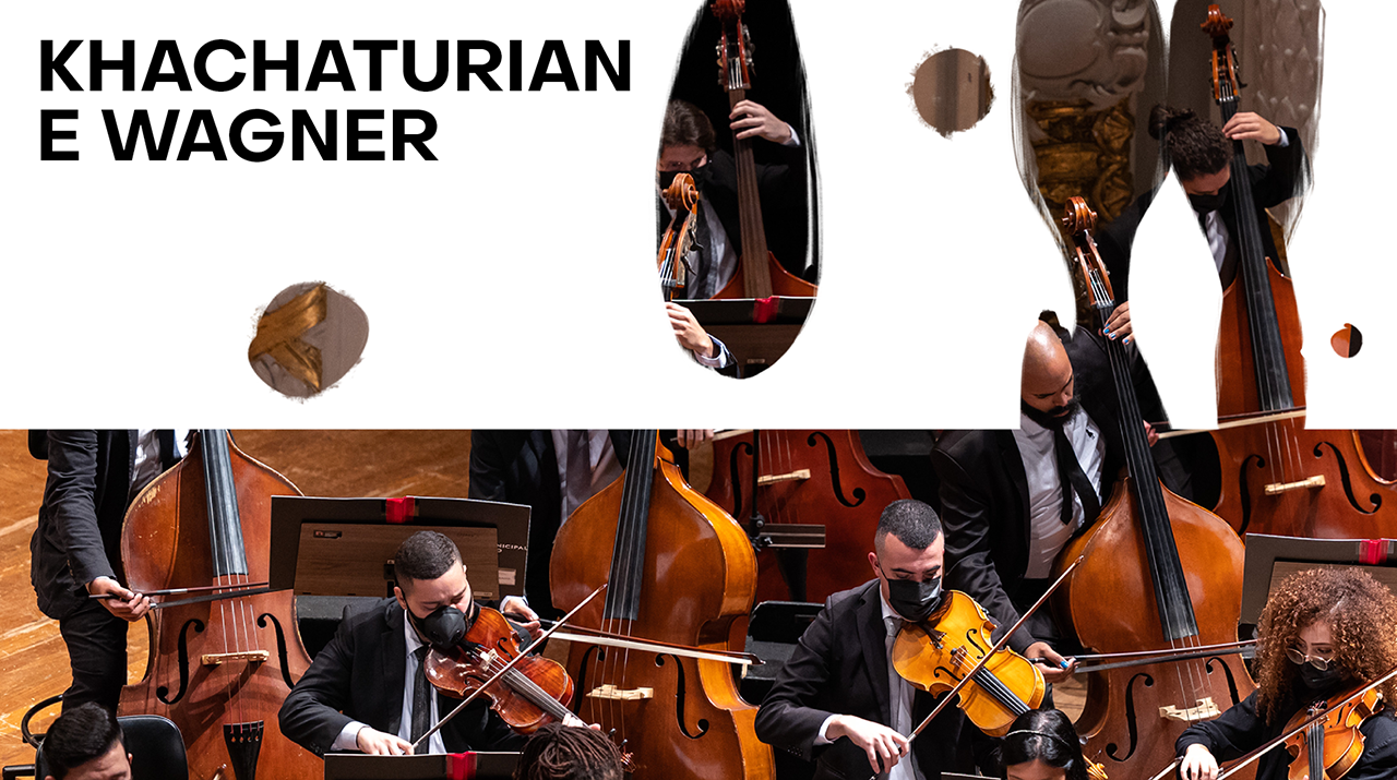 Escrito em preto Khachaturian e Wagner com foto do naipe de cordas da Orquestra tocando num concerto