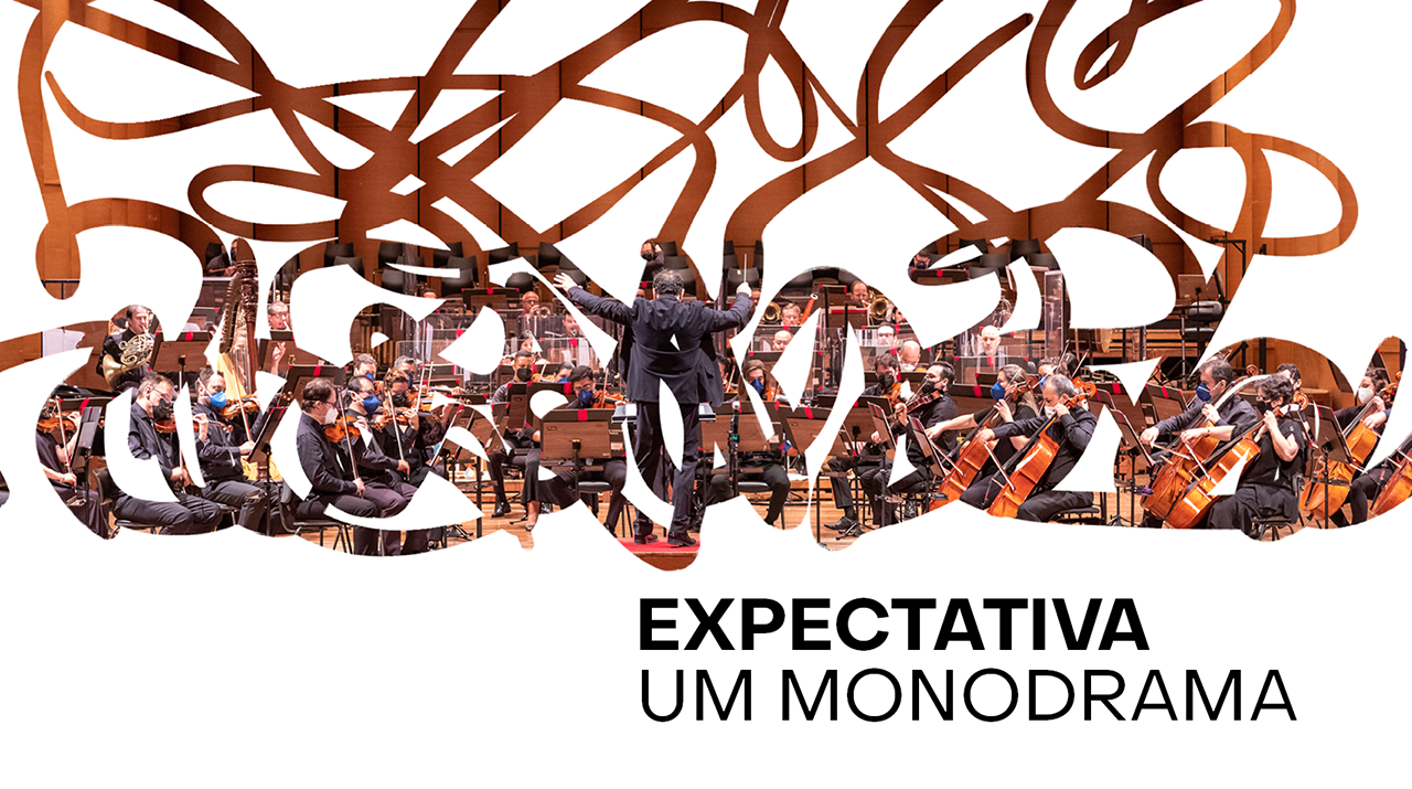 Na foto maestro ergue sua batuta de costas regendo uma orquestra completa