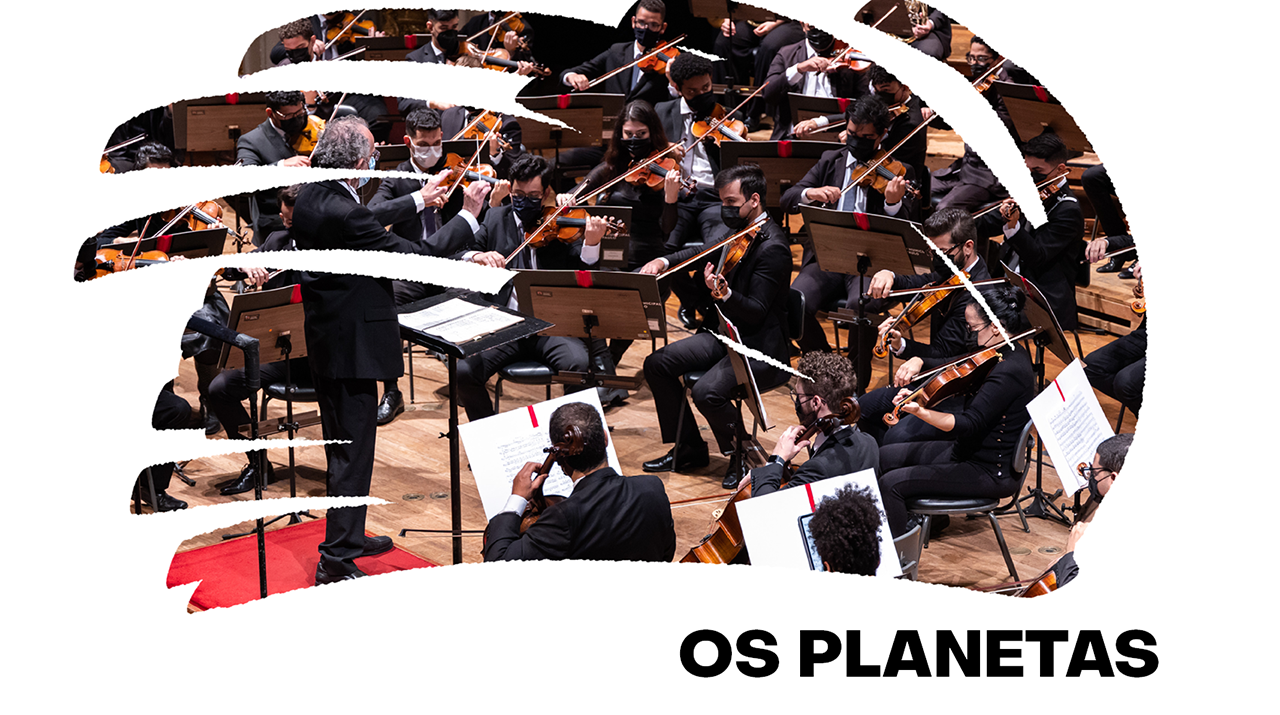Escrito em preto Os Planetas com foto de uma orquestra completa se apresentando no palco