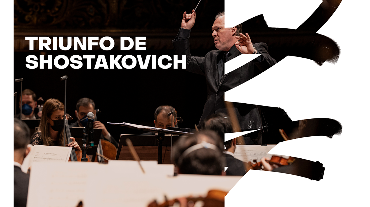 Escrito em branco Triunfo de Shostakovich com foto de maestro regendo um concerto
