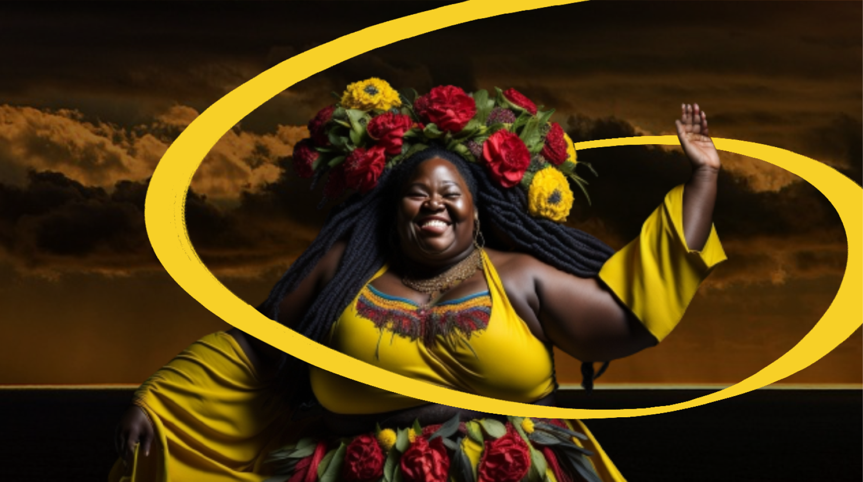 Foto de bailarina negra vestida de amarelo com flores nos cabelos