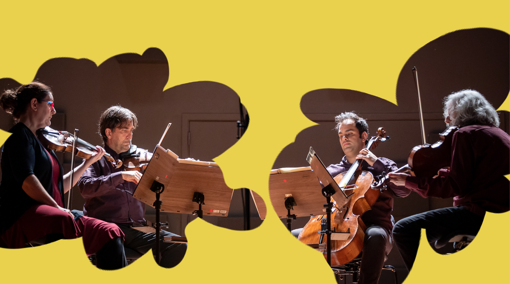 Foto dos quatro integrantes do Quarteto de Cordas da Cidade de São Paulo