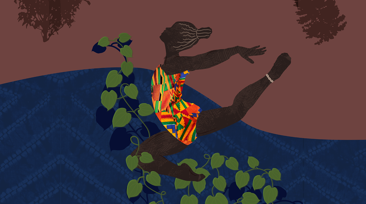 Ilustração de uma bailarina negra com colã estampado que dança ao redor de folhas verdes