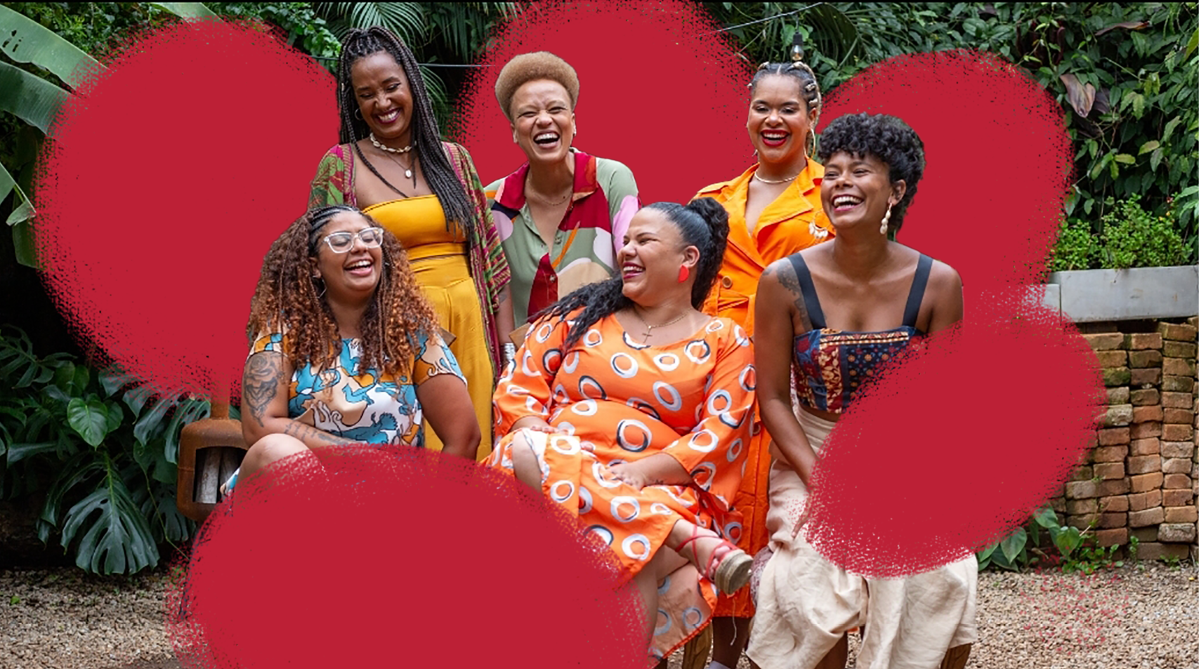 Foto de seis mulheres negras, as integrantes do grupo de samba