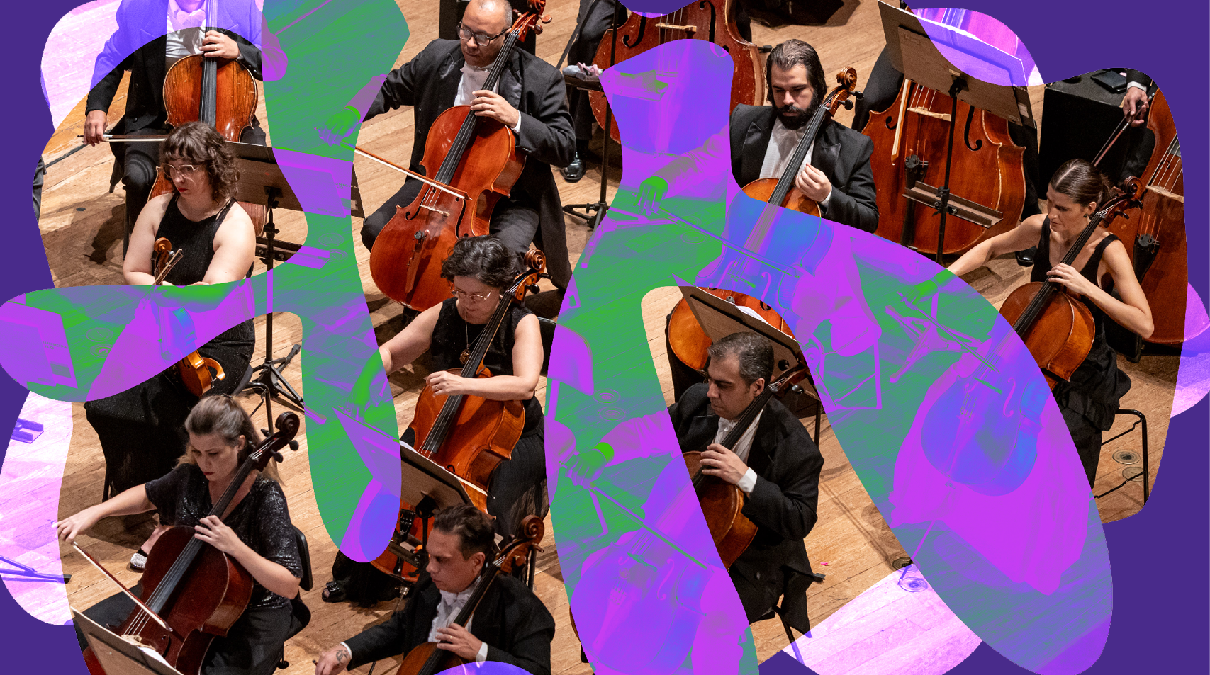 Foto violoncelistas da Orquestra durante um concerto para divulgação de Rapsódia para Novos Tempos
