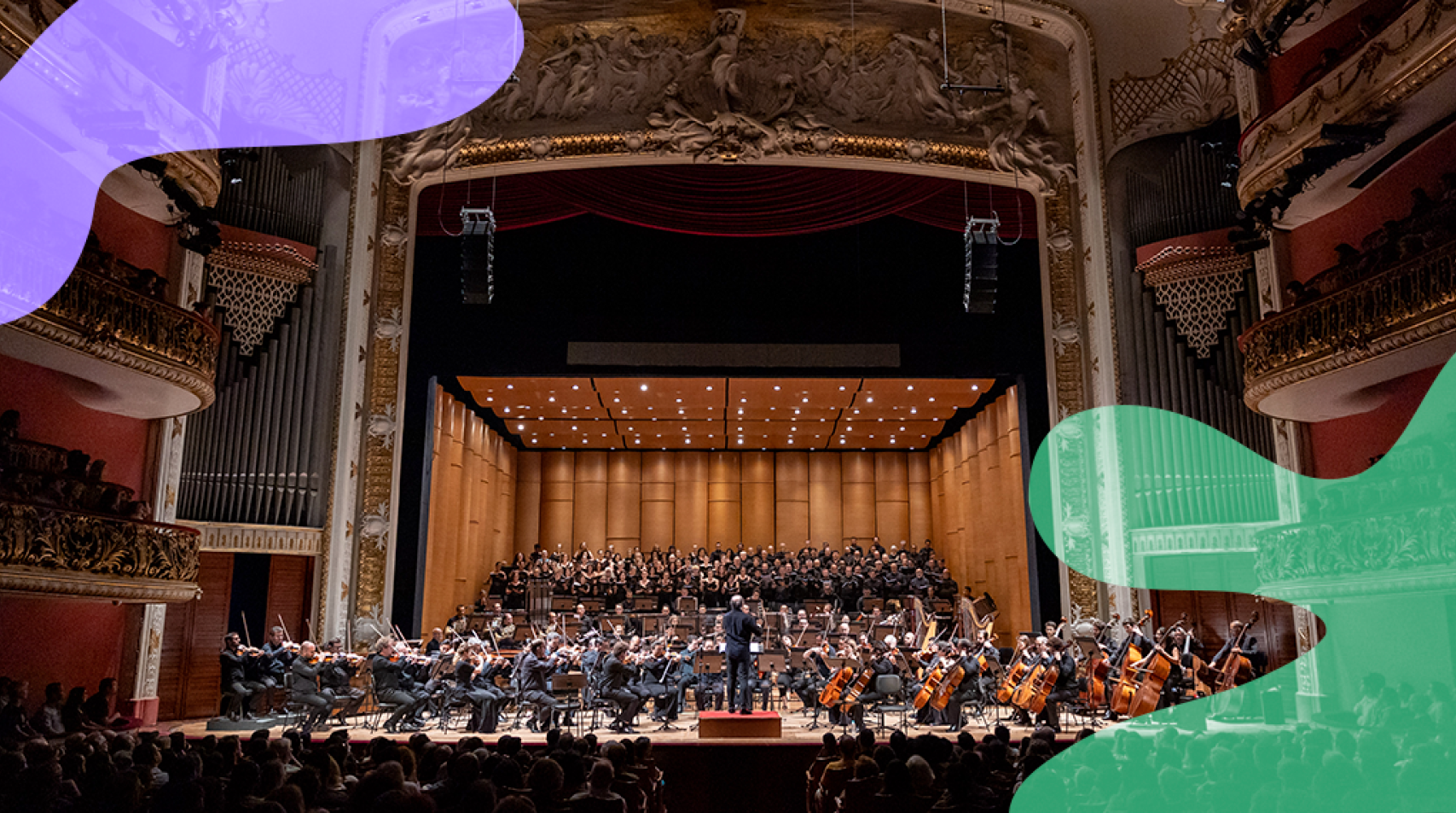 Orquestra Sinfônica Municipal e Coro Lírico no palco do Theatro Municipal