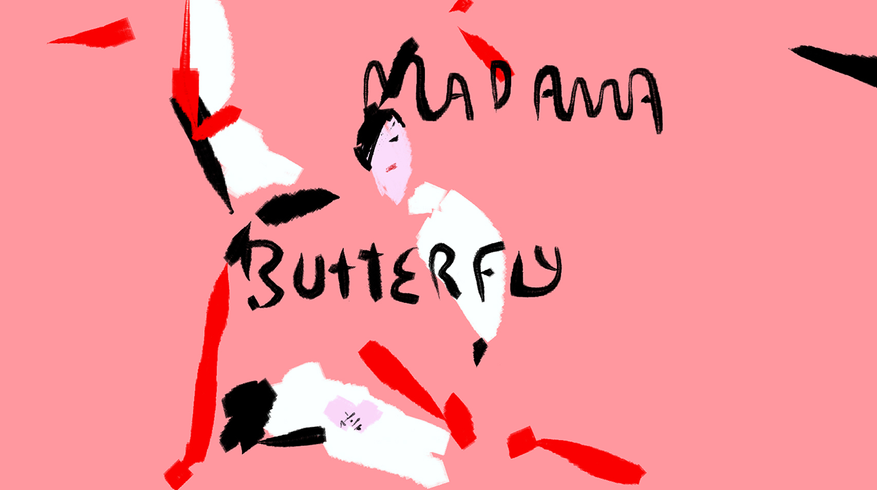 Desenho de mulher estilizado com fundo rosa, escrito Madama Butterfly